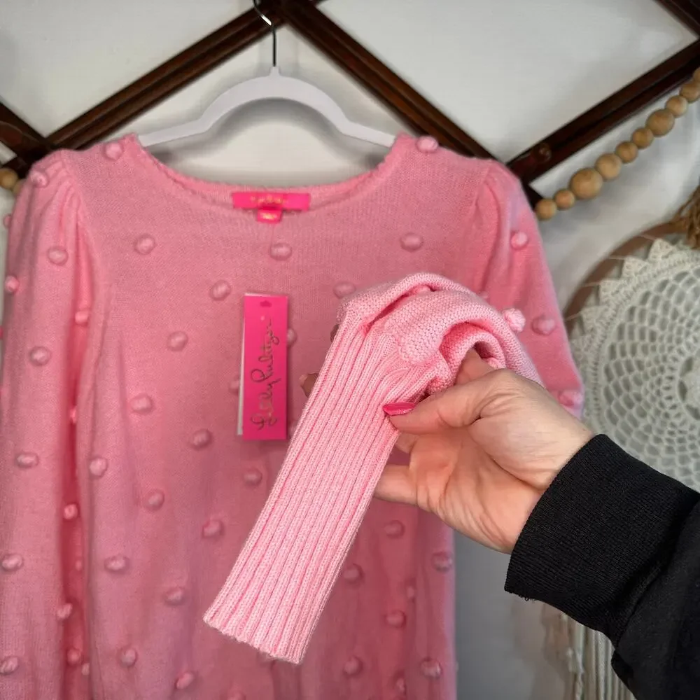 NEW Lilly Pulitzer Kippa Pink Blossom Pom Embellished Puff Sleeve Sweater - Picture 2 of 5